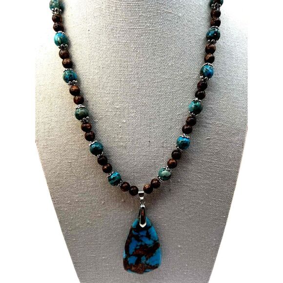 Vintage Jewelry - NEW Handmade Brown And Bluegreen Beaded Faux Turquoise Necklace